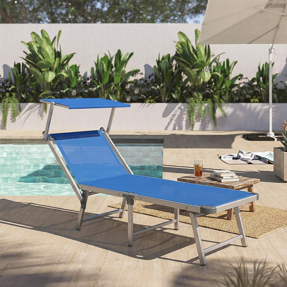 Lettino prendisole con parasole pieghevole blu 180x72x40 cm