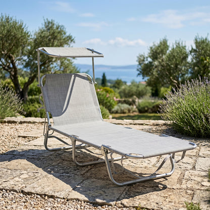 Lettino prendisole da mare pieghevole in alluminio con parasole grigio 190x58x25 cm