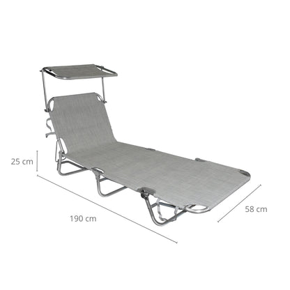 Lettino prendisole da mare pieghevole in alluminio con parasole grigio 190x58x25 cm