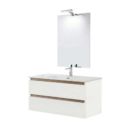 Mobile bagno sospeso 80 cm con lavabo e specchio 2 cassetti bianco frassino e rovere