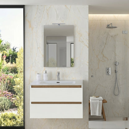 Mobile bagno sospeso 80 cm con lavabo e specchio 2 cassetti bianco frassino e rovere