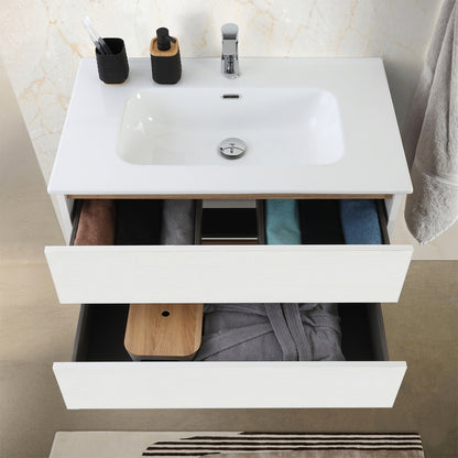 Mobile bagno sospeso 80 cm con lavabo e specchio 2 cassetti bianco frassino e rovere