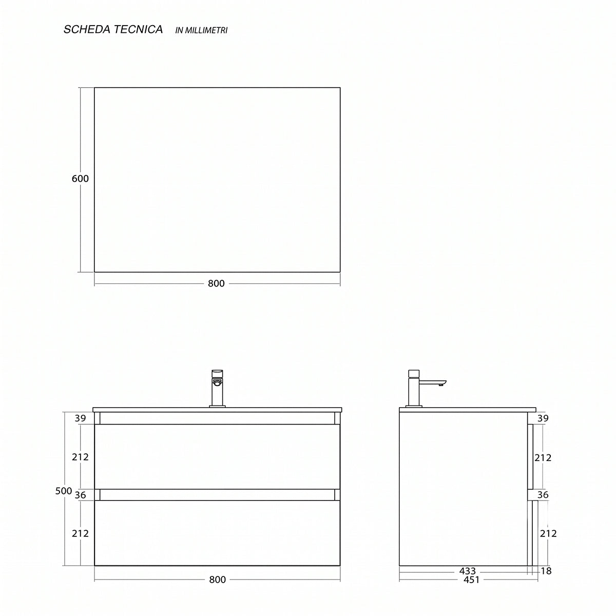 Mobile bagno sospeso 80 cm con lavabo e specchio 2 cassetti bianco frassino e rovere
