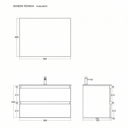 Mobile bagno sospeso 80 cm con lavabo e specchio 2 cassetti bianco frassino e rovere