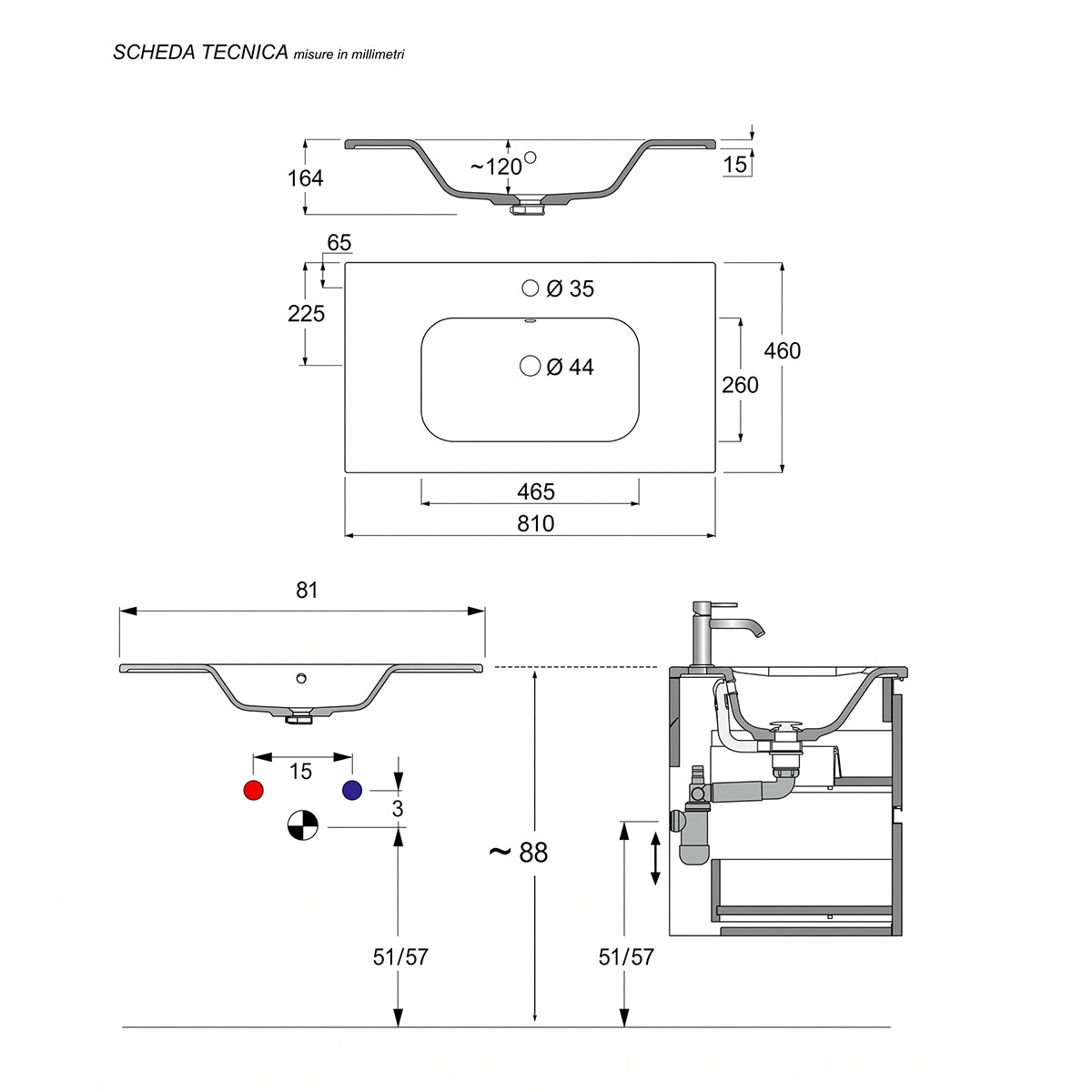 Mobile bagno sospeso 80 cm con lavabo e specchio 2 cassetti bianco frassino e rovere