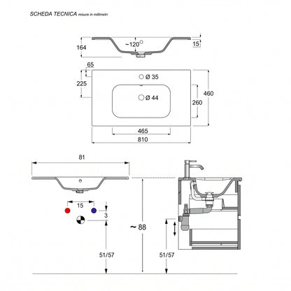 Mobile bagno sospeso 80 cm con lavabo e specchio 2 cassetti bianco frassino e rovere