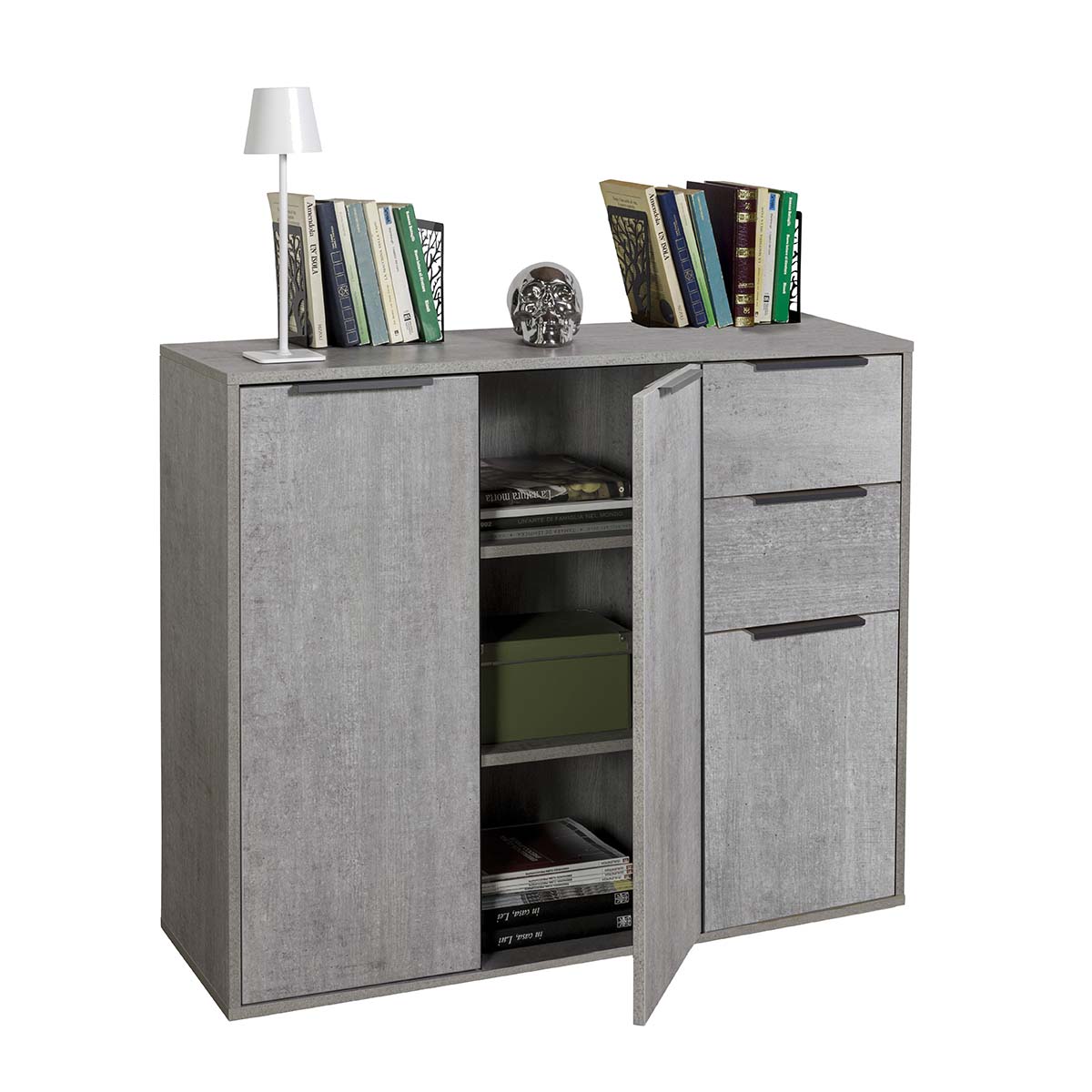Mobile multiuso 106x87h cm cemento con 3 ante e 2 cassetti