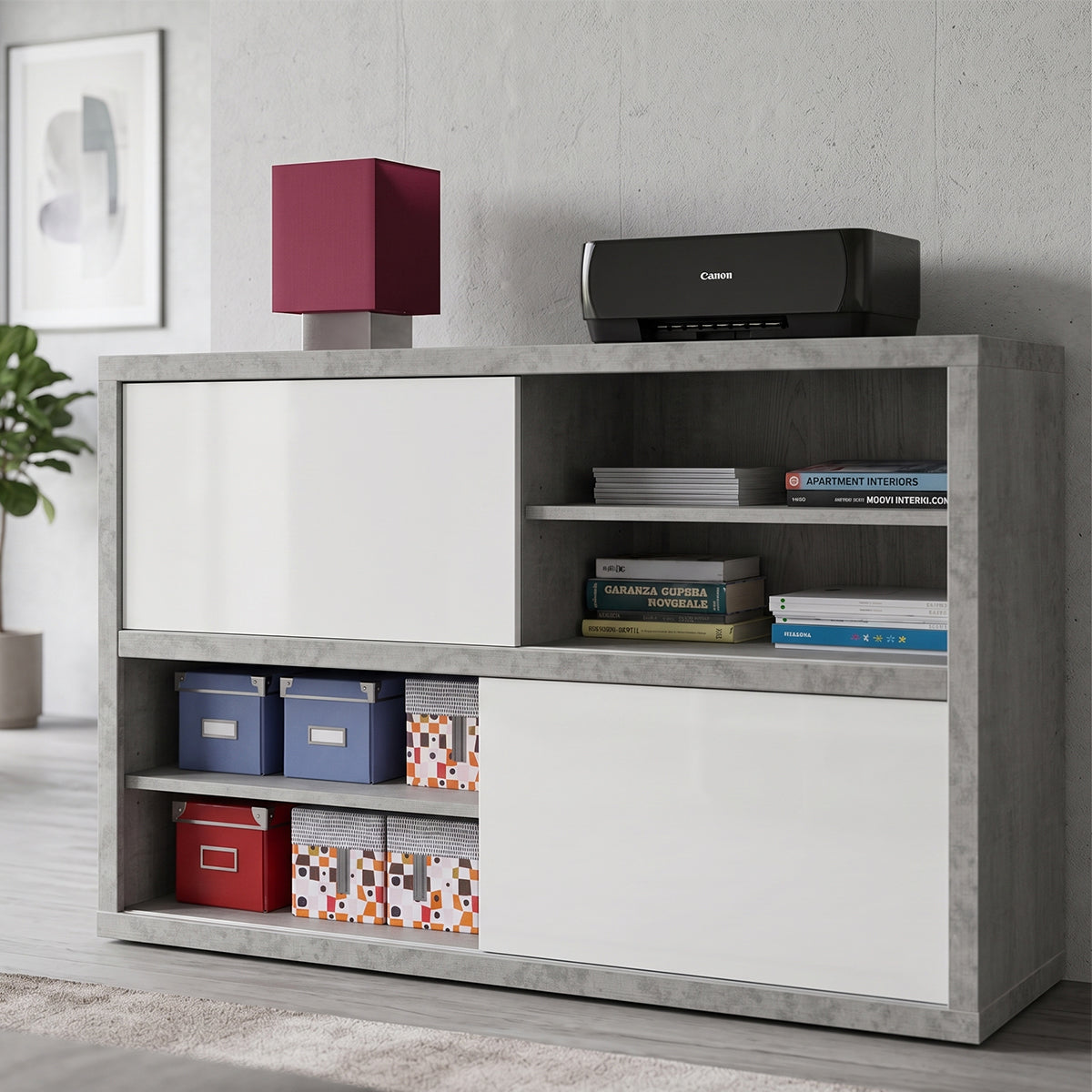 Mobile multiuso 140x87h cm bianco e cemento con 2 ante e 2 vani