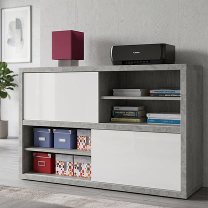 Mobile multiuso 140x87h cm bianco e cemento con 2 ante e 2 vani