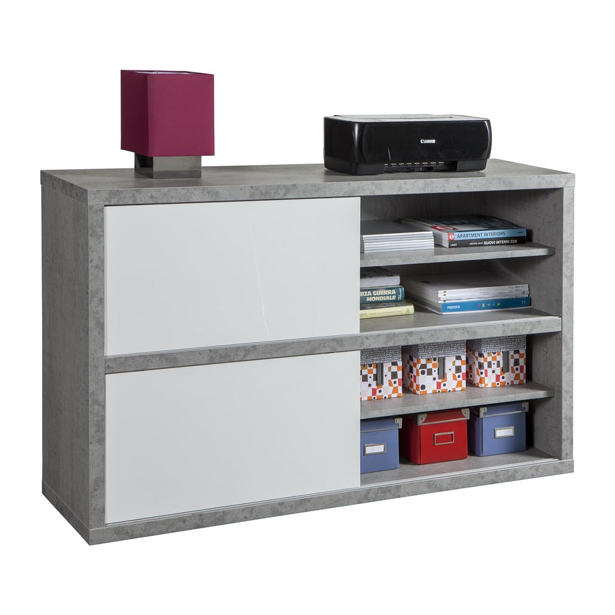 Mobile multiuso 140x87h cm bianco e cemento con 2 ante e 2 vani