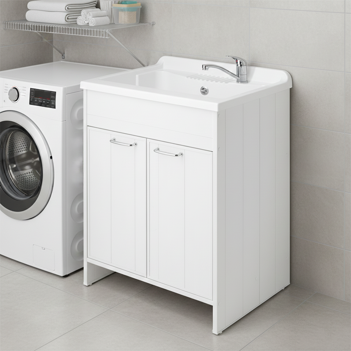 Mobile lavatoio con 2 ante 60x50 cm bianco in resina bianco con vasca