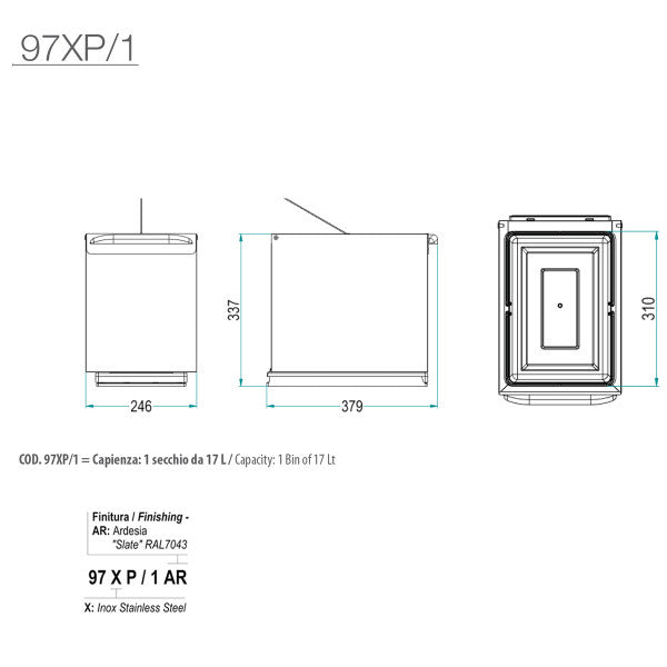 Pattumiera estraibile a 1 secchio rivestimento acciaio 246x379x337 mm Inoxa 97XP1