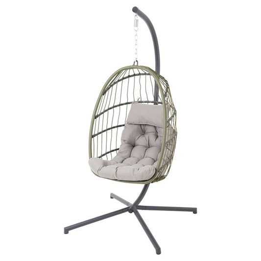 Poltrona uovo sospesa da giardino in metallo e corda verde con cuscino