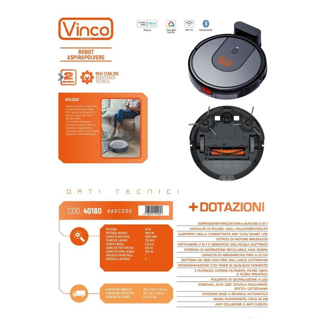 Robot aspirapolvere lavapavimenti Wifi smart Vinco 40180