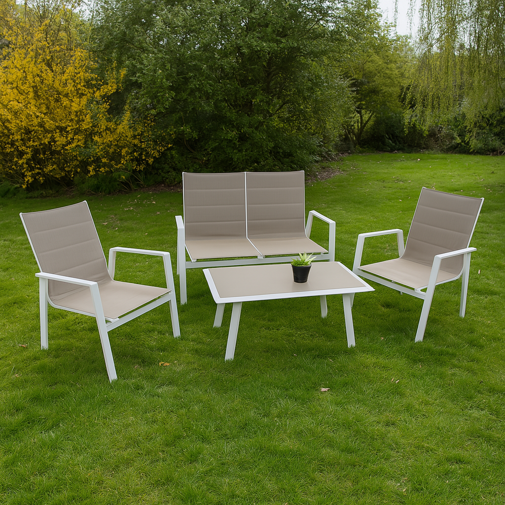 Ser da giardino con sedie divano e tavolo basso bianco tortora Almissa