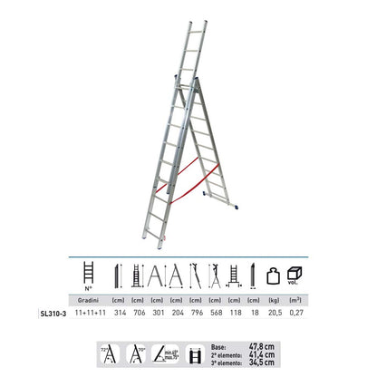 Scala alluminio 3 rampe 11+11+11 gradini h. 706 cm Facal stilo SL310-3