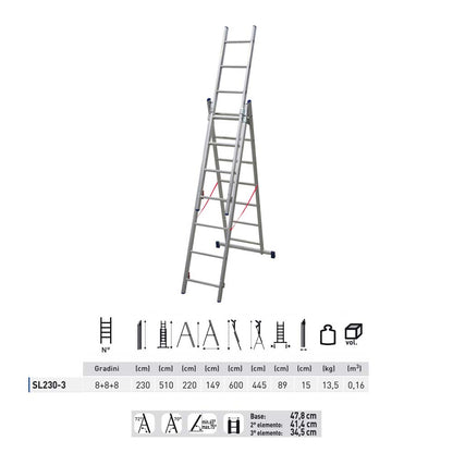 Scala alluminio 3 rampe 8+8+8 gradini h. 510 cm Facal stilo SL230-3