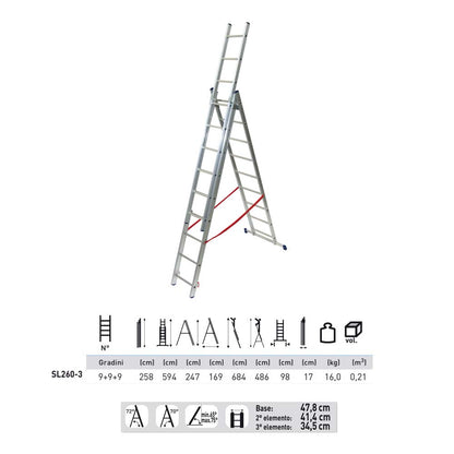 Scala alluminio 3 rampe 9+9+9 gradini h. 594 cm Facal stilo SL260-3