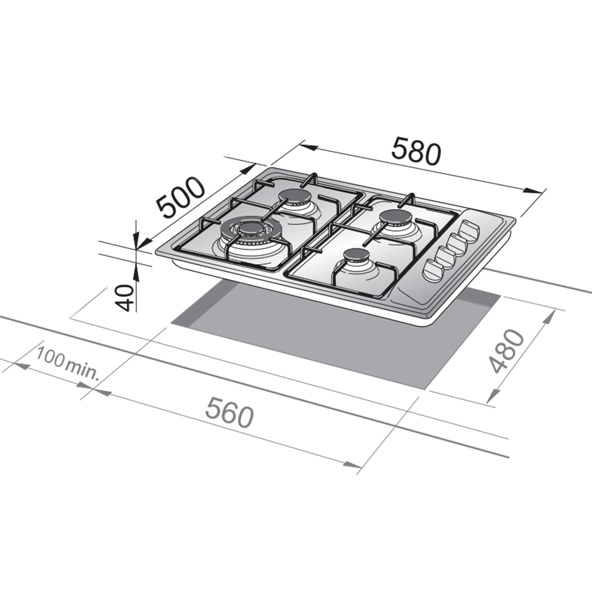 Piano cottura a gas 4 fuochi 58x50 cm acciaio inox De Longhi YAL 46 ASV