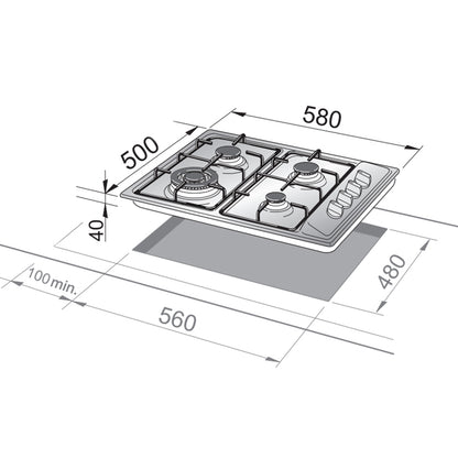 Piano cottura a gas 4 fuochi 58x50 cm acciaio inox De Longhi YAL 46 ASV