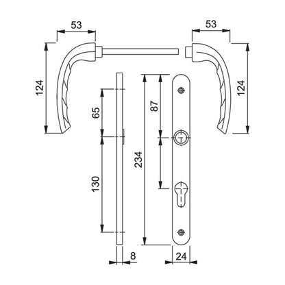 Maniglia Hoppe Tokyo con placca interasse 85 mm foro cilindro
