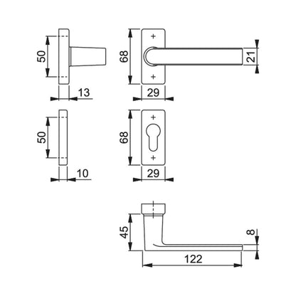Maniglia Hoppe Los Angeles rosetta e bocchetta rettangolari 29x68 mm foro cilindro