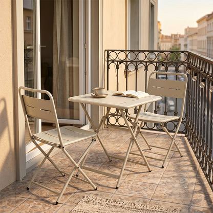 Set Bistrot in metallo beige pieghevole salvaspazio tavolino e 2 sedie