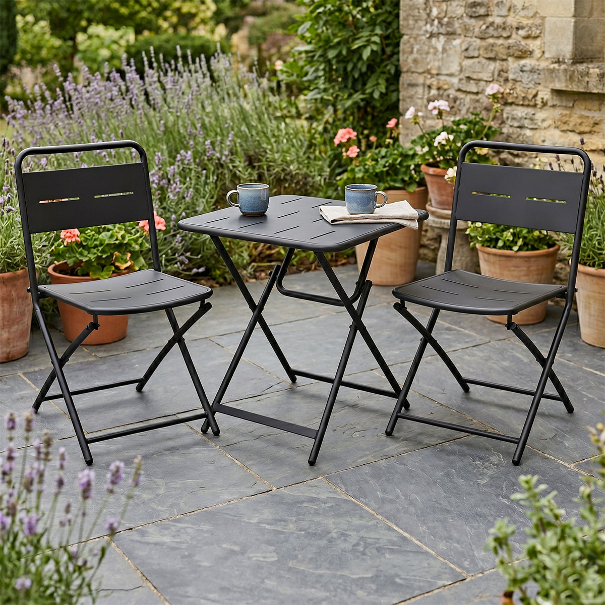 Set Bistrot in metallo nero pieghevole salvaspazio tavolino e 2 sedie
