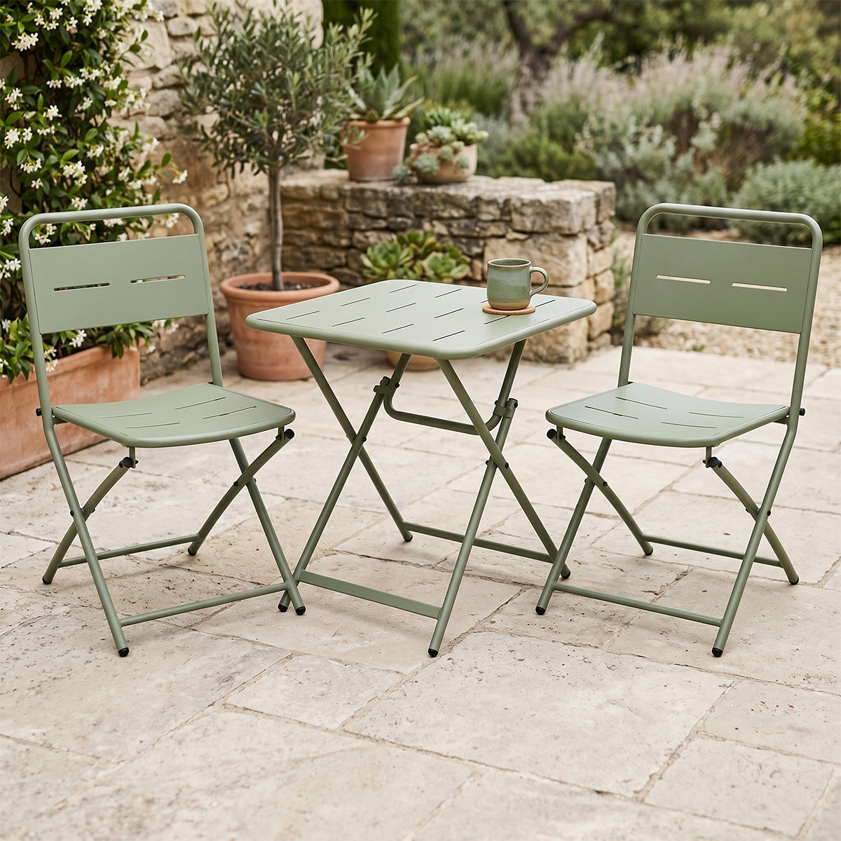 Set Bistrot in metallo verde pieghevole salvaspazio tavolino e 2 sedie