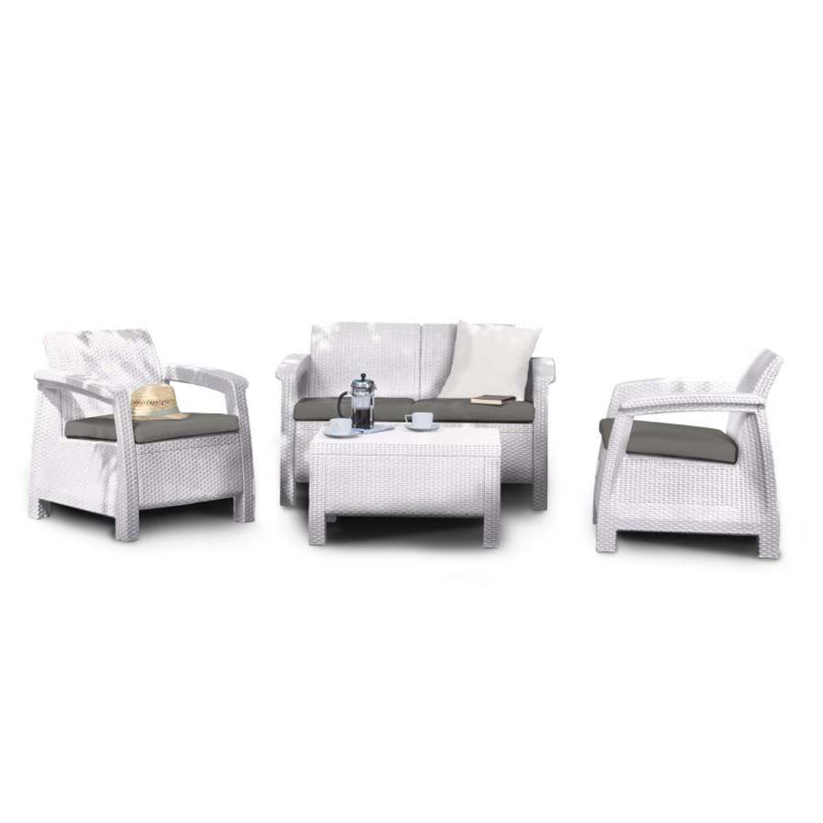 Set da giardino in resina divano poltrone e tavolino bianco Corfu Lounge Keter