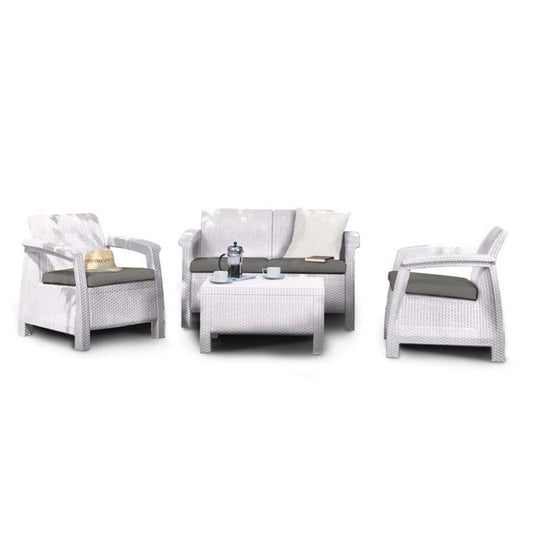 Set da giardino in resina divano poltrone e tavolino bianco Corfu Lounge Keter