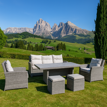 Set da giardino in rattan con divano due poltrone e tavolo grigi Negara
