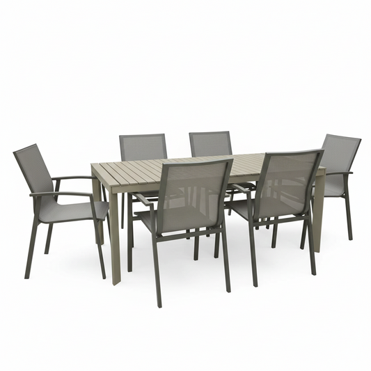 Set tavolo allungabile e 6 sedie con braccioli tortora Dakar