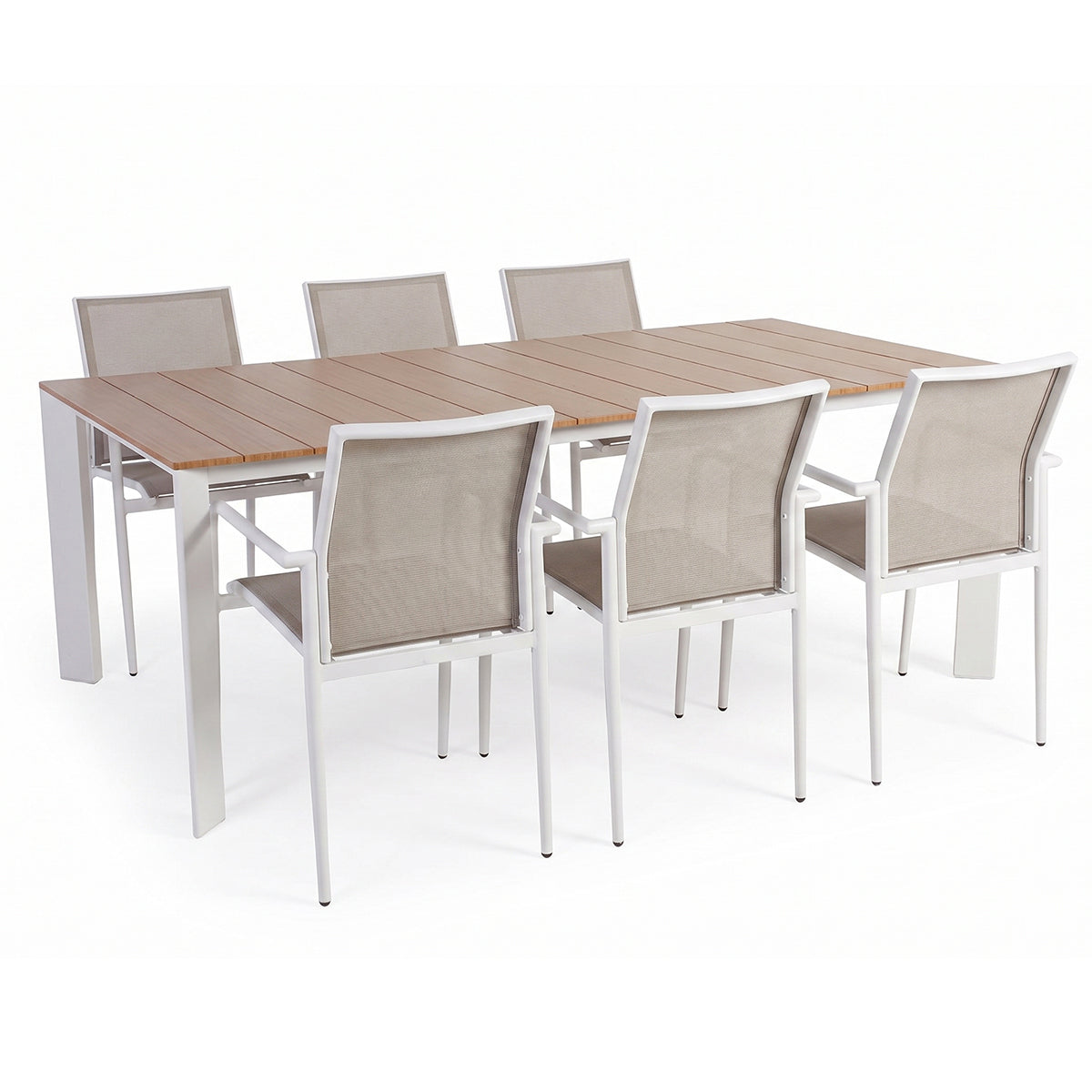 Set tavolo allungabile effetto polywood e 6 sedie grigio