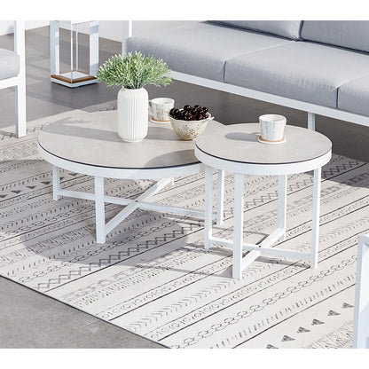 Set da giardino in alluminio con poltrona divano e 2 tavolini bianco e grigio Marbella