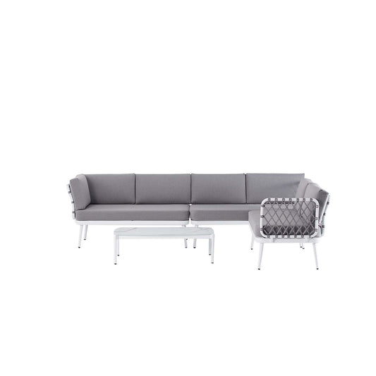 Set da giardino angolare con cuscini bianco e grigio