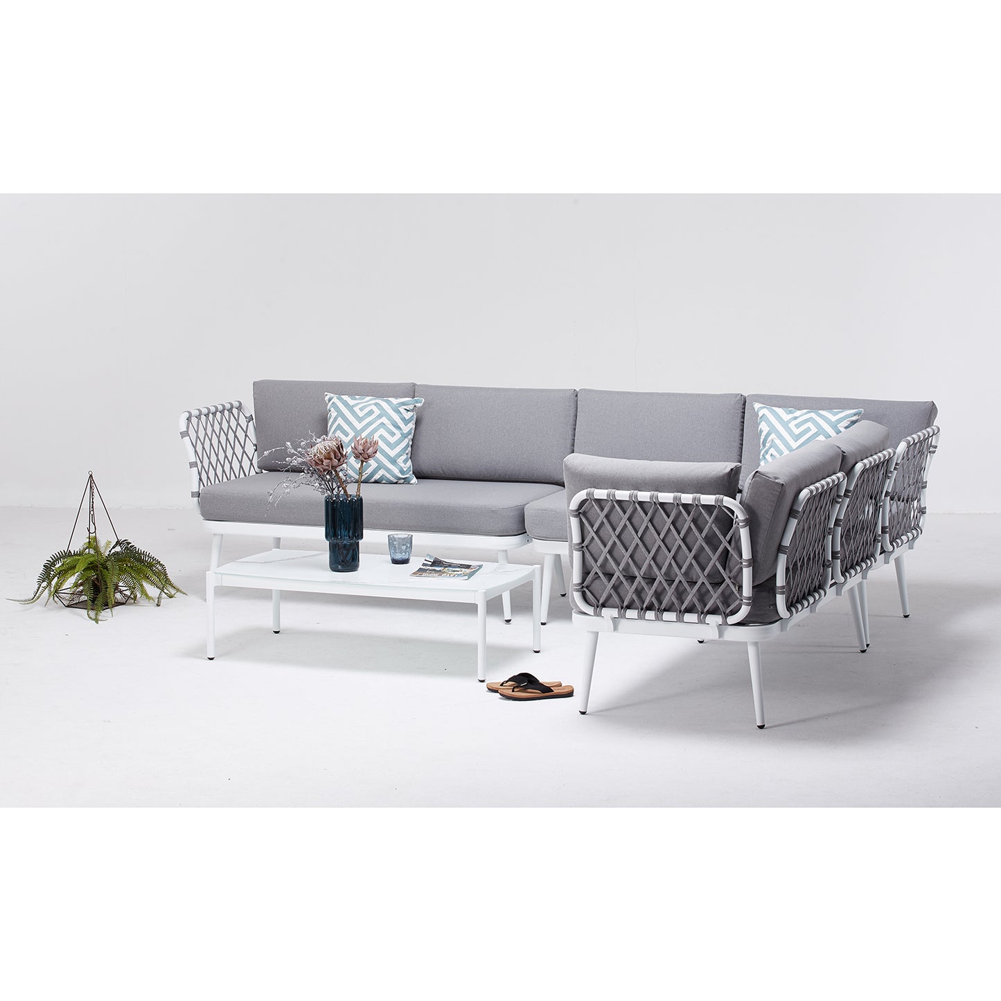 Set da giardino angolare con cuscini bianco e grigio Bodrum