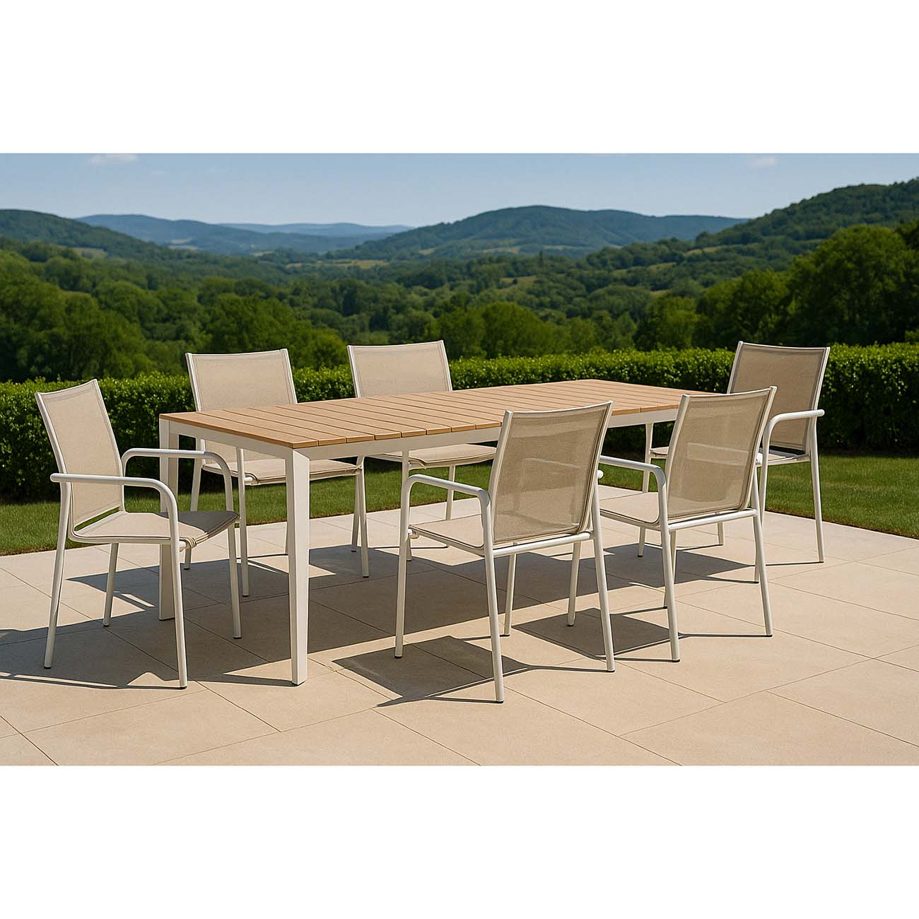 Set tavolo allungabile effetto polywood e 6 sedie grigio