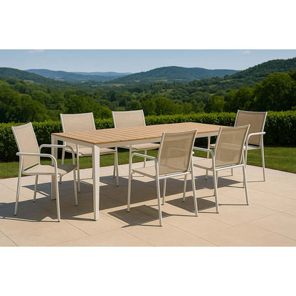 Set tavolo allungabile effetto polywood e 6 sedie grigio