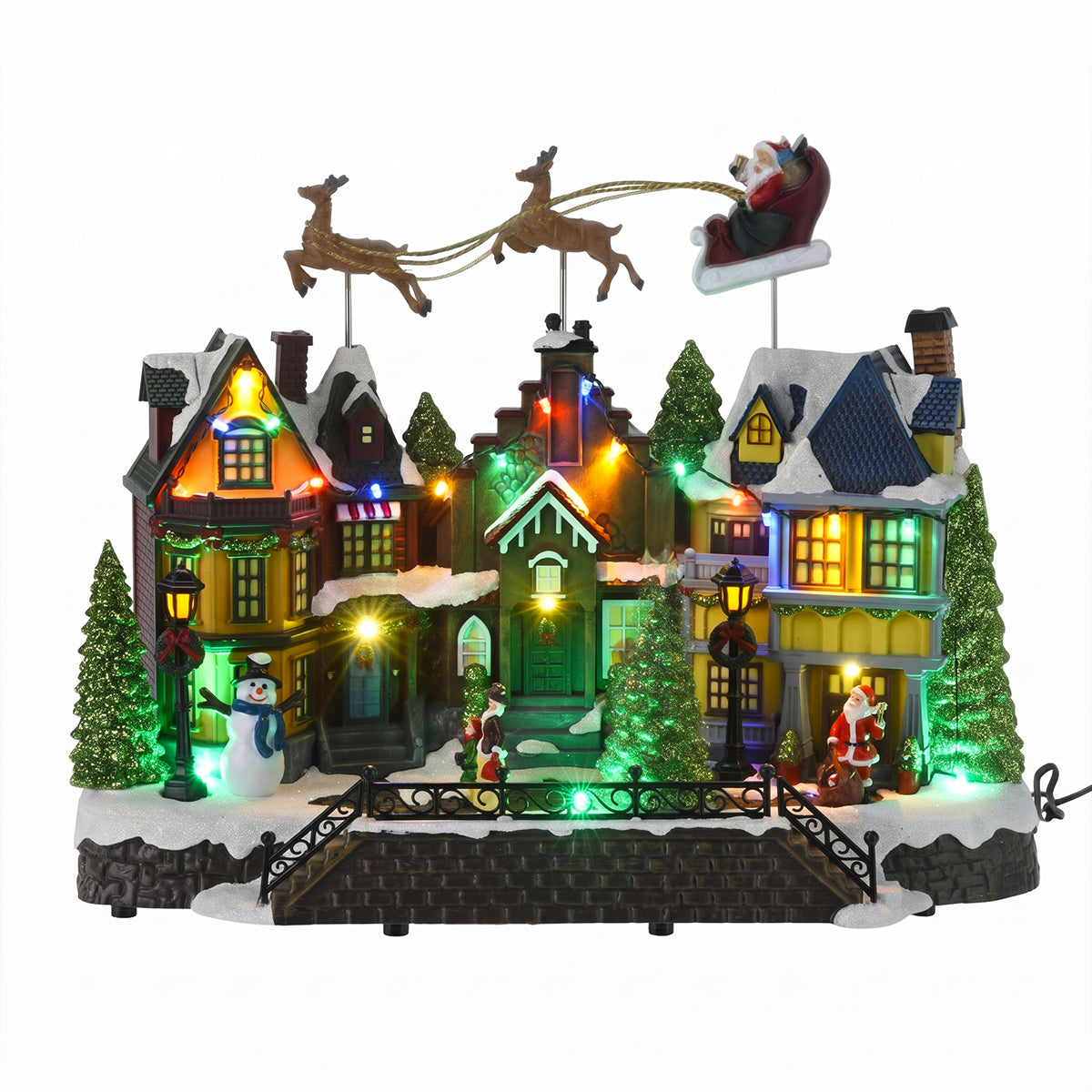 Villaggio di Natale animato con slitta volante e luci LED 39 cm