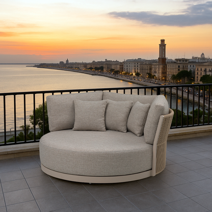 Divano tondo Ravenna in alluminio con cuscini beige