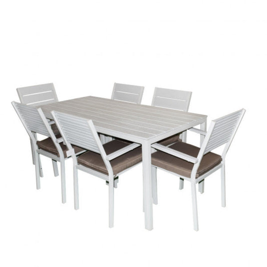 Set tavolo e sei sedie da giardino in resina bianco modello Argo