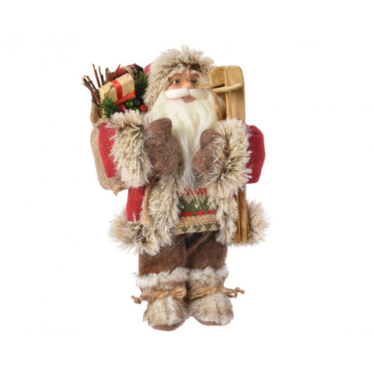 Babbo Natale fisso stile country con vestito rosso e beige e sacco con doni