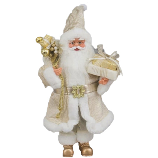 Babbo Natale fisso 40 cm con vestito bianco e oro e sacco con doni