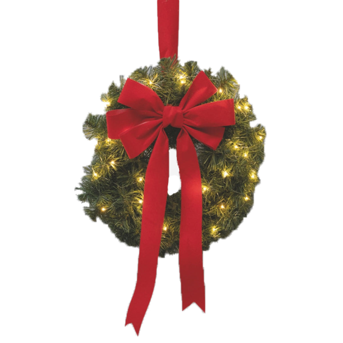 Corona di Natale dietro porta Ø 40 cm con fiocco in velluto rosso e luci