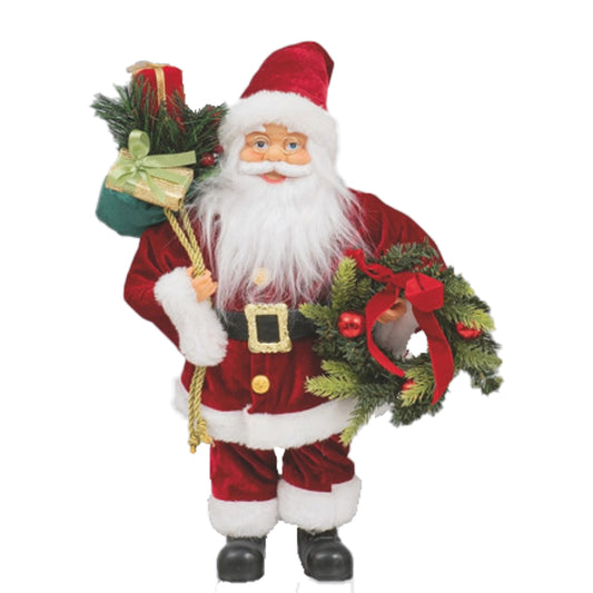Babbo Natale fisso 40 cm con decorazione corona e sacco doni.