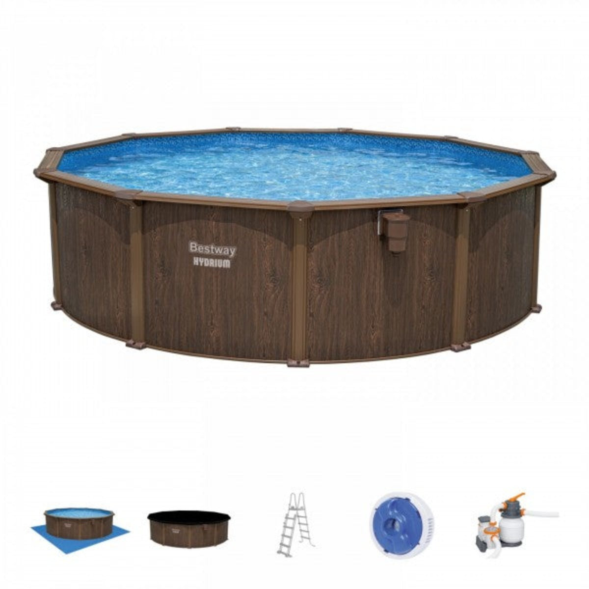 Piscina fuori terra Hydrium tonda effetto legno Bestway  561CU con accessori 490x130 cm