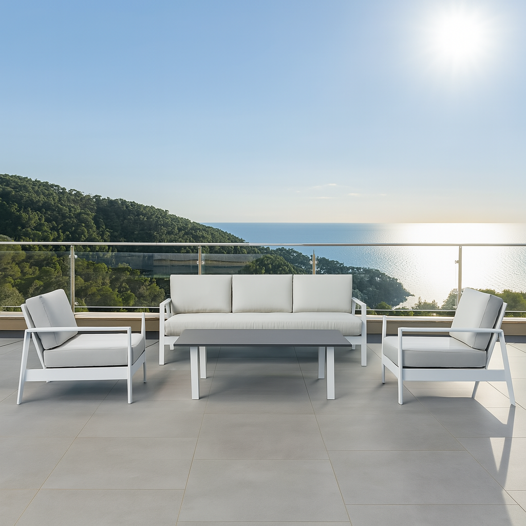 Set da giardino in alluminio con cuscini bianco e grigio